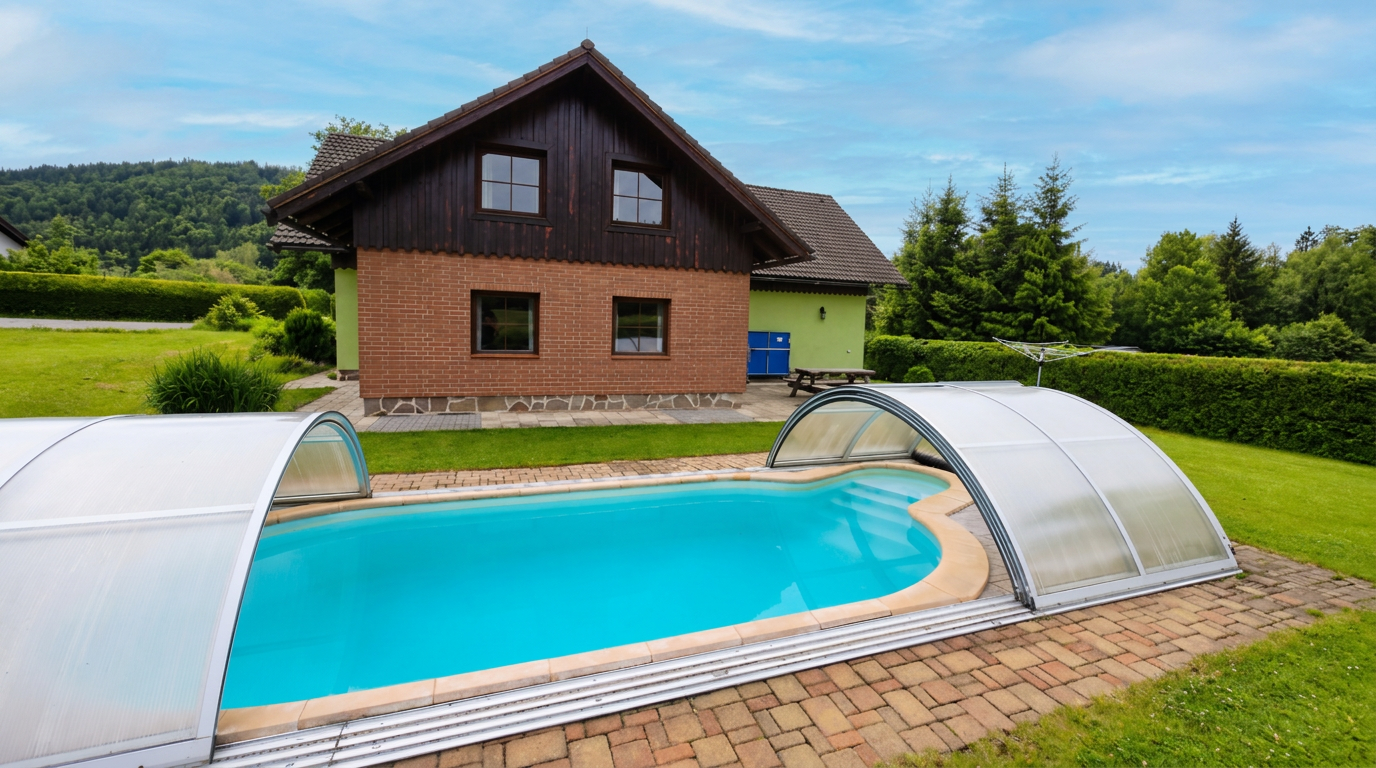Bazén na zahradě Apartmánů Chaloupka – pronájem chalupy s bazénem v Jizerských horách