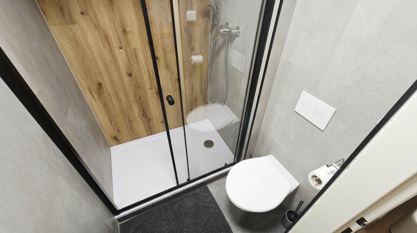 Moderní sprchový kout s dřevěným obkladem – Apartmány Chaloupka, ubytování Jizerské hory