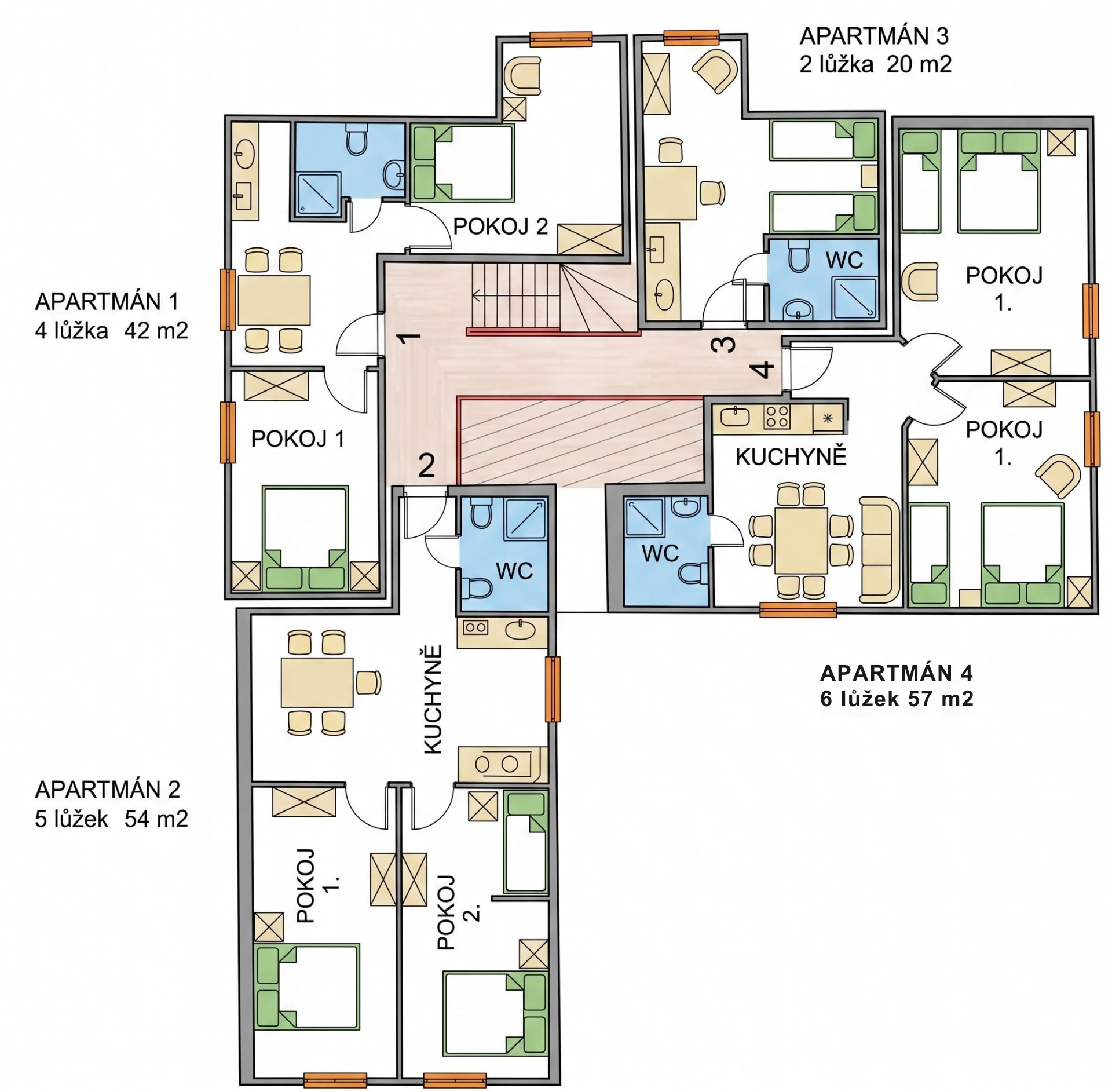 Půdorys Apartmánů Sára – dispozice apartmánů 1, 2, 3 a 4 v Tanvaldu - Žďáru